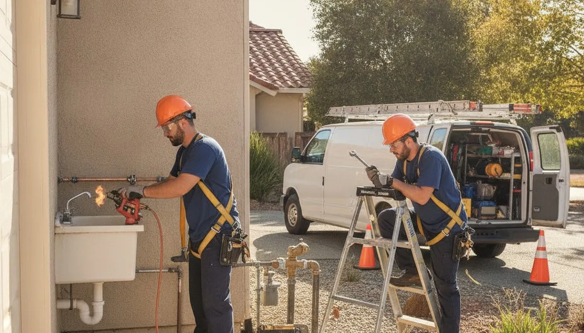 Santa Rosa, CA plumbing repair technician fixing a residential pipe leak