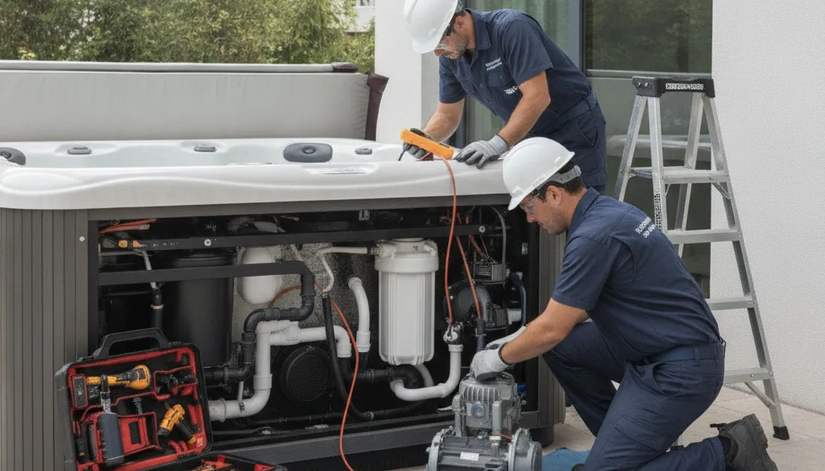 Santa Rosa, CA spa repair plumber inspecting and fixing a home spa system
